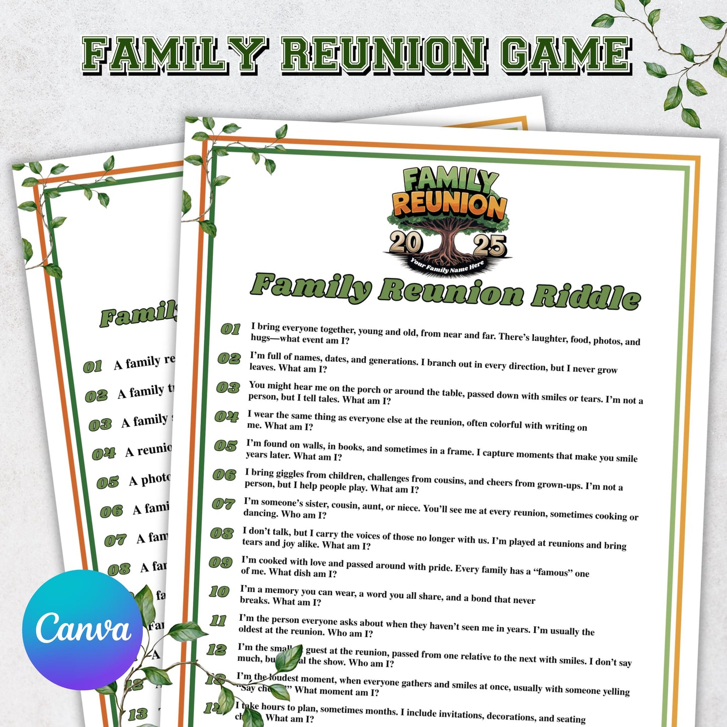 Family Reunion Riddles, Family Reunion Riddle Me This, Riddles for Kids, Family Reunion Games, Family Reunion Activity, Family Reunion Game
