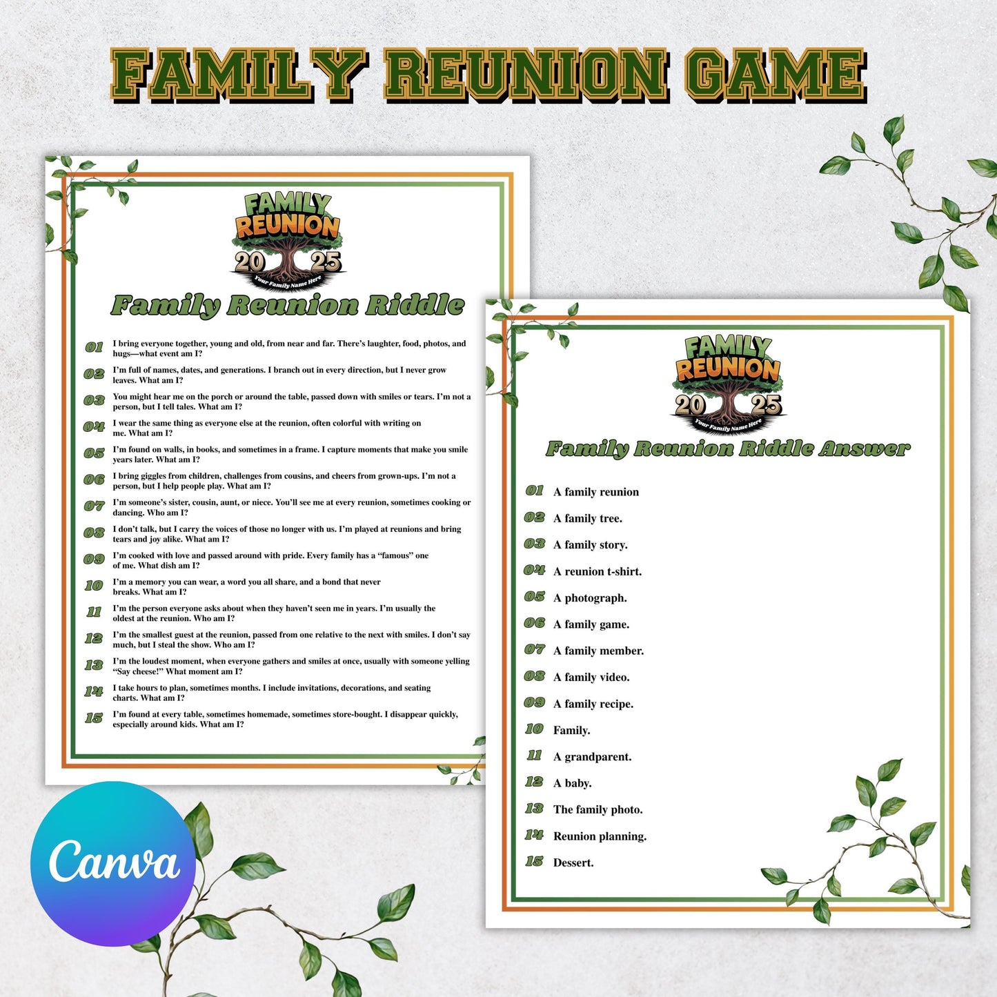Family Reunion Riddles, Family Reunion Riddle Me This, Riddles for Kids, Family Reunion Games, Family Reunion Activity, Family Reunion Game