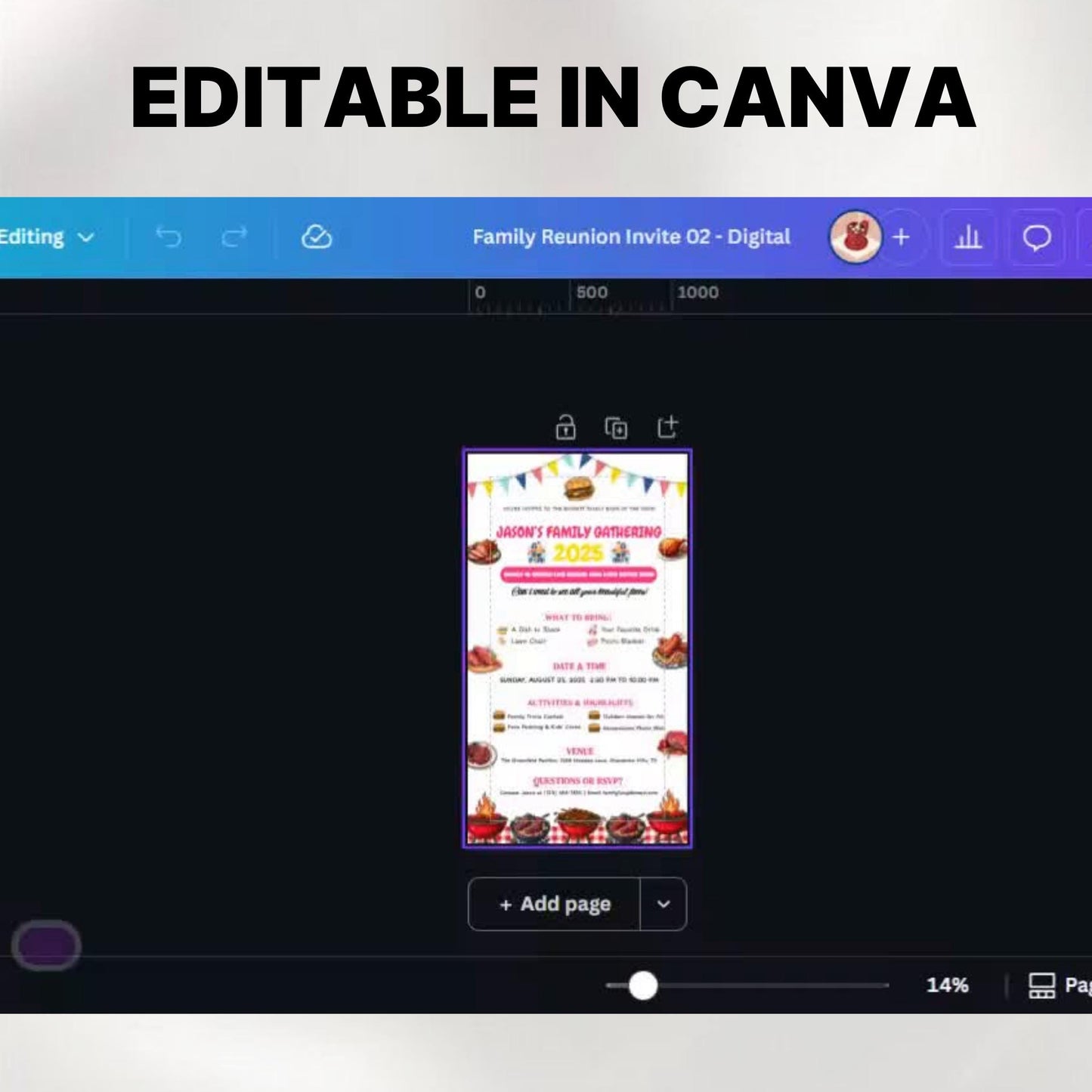 Editable Family Reunion Flyer Template, Family Reunion BBQ Flyer, reunion Invitation get together Bbq Party Invite, Canva template