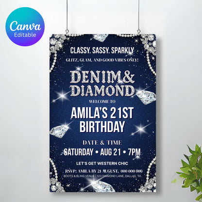 Denim and Diamonds Birthday Sign, Denim & Diamonds Welcome Board, Printable Birthday Welcome Sign, Editable Canva Template, Instant Download