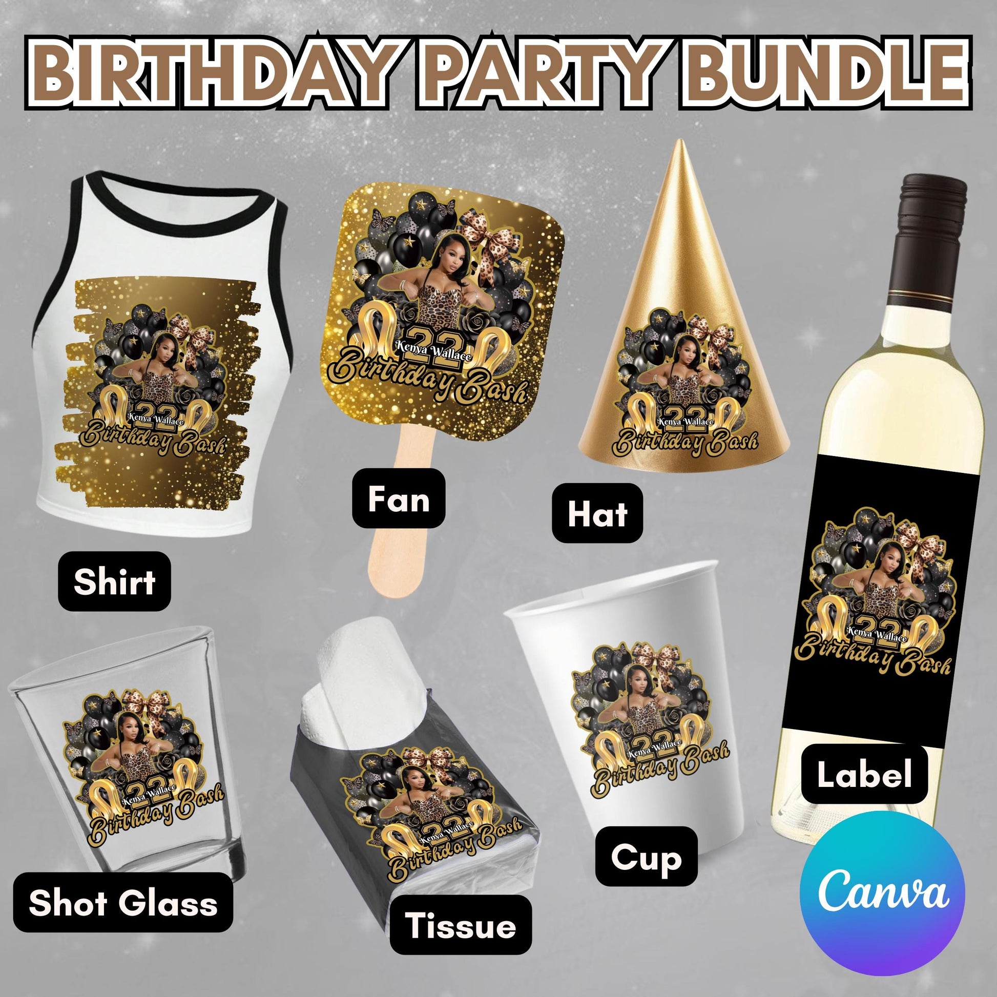Editable Party Cup Birthday Canva Template, Shot Glass Label,Party Shirt Design, Editable Birthday Bundle ,Customizable Styrofoam Cup Design