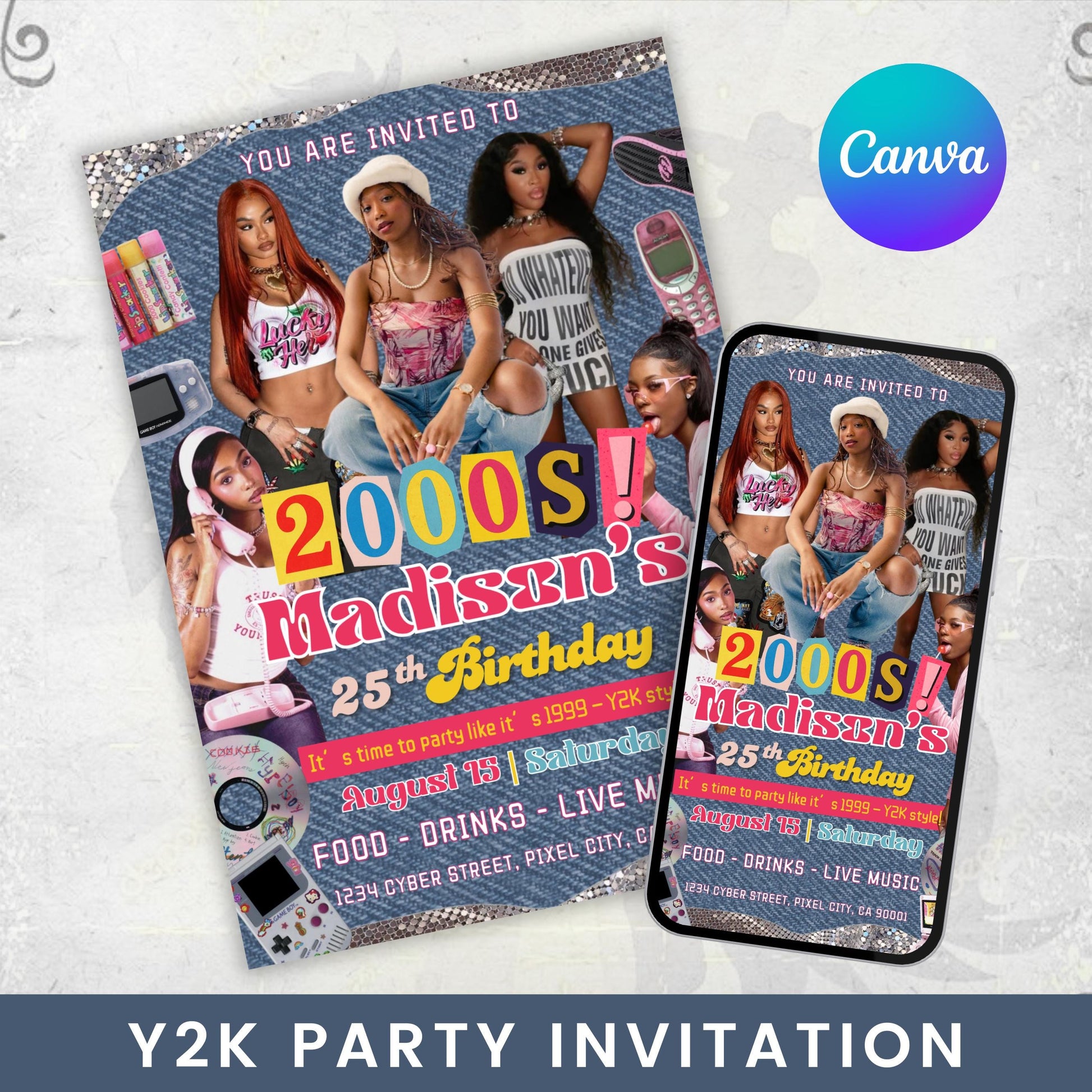 Early 2000s Retro Y2K Themed Party Invitation, Printable Y2K Inspired Birthday Flyer, 90s Baby Throwback, Canva Template Instant Download