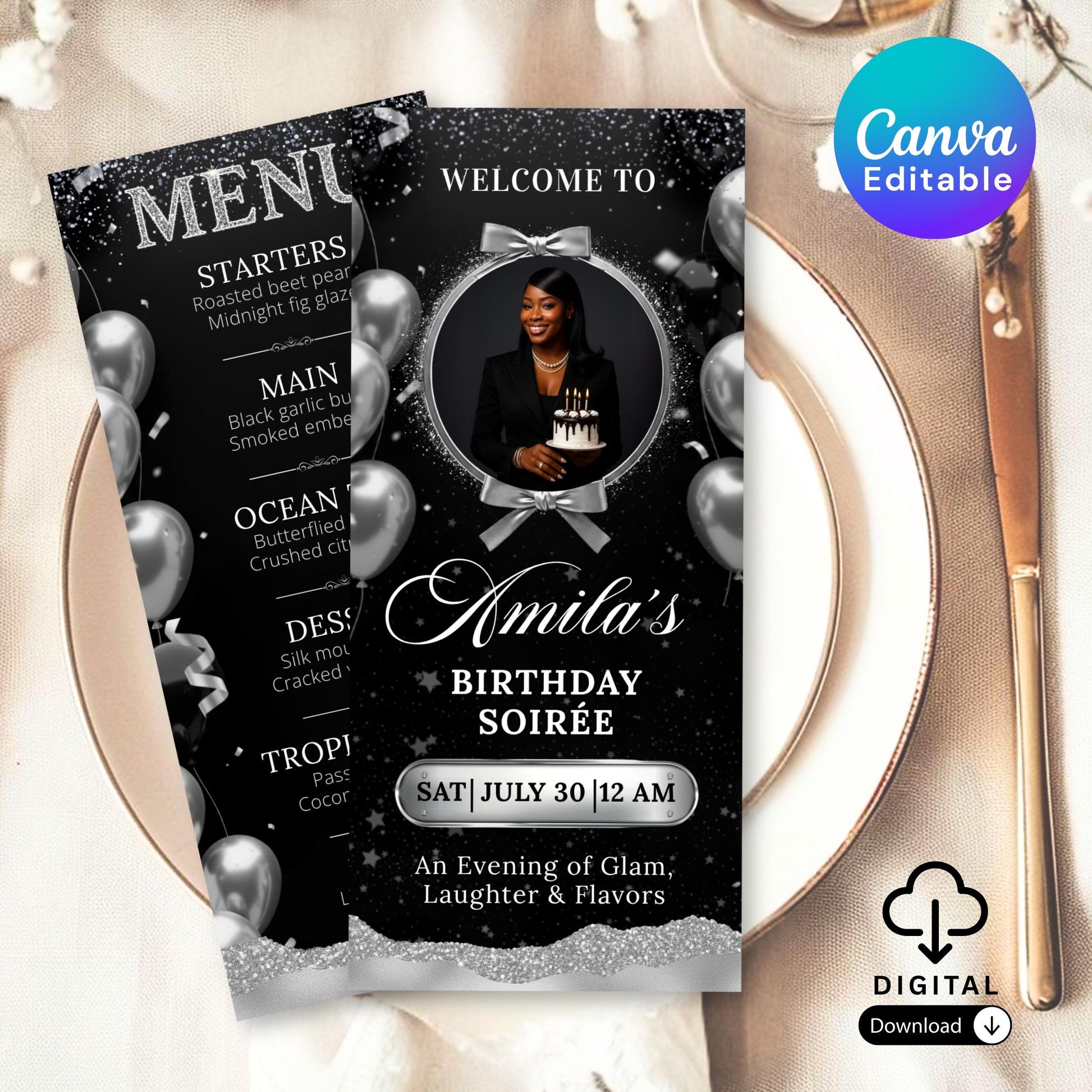 Editable Birthday Picture Menu, Full Picture Menu and Drink Card, Event Menu Template, Birthday Dinner Table Menu, Canva Template
