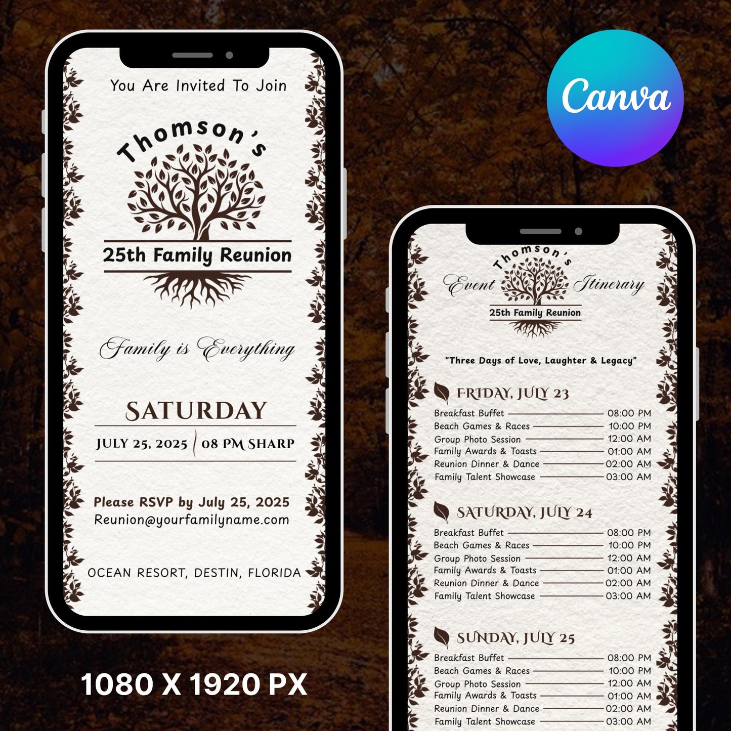 Digital Family Reunion Itinerary, Family Tree Trip, High School Class Reunion, Family Schedule, Editable Itinerary Template, Canva Template