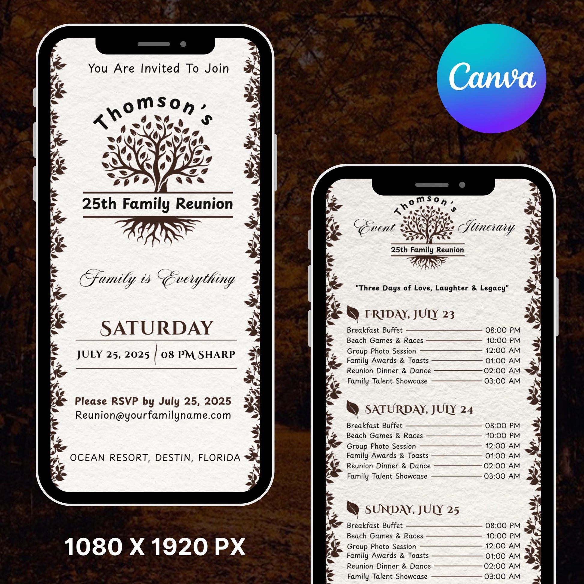 Digital Family Reunion Itinerary, Family Tree Trip, High School Class Reunion, Family Schedule, Editable Itinerary Template, Canva Template