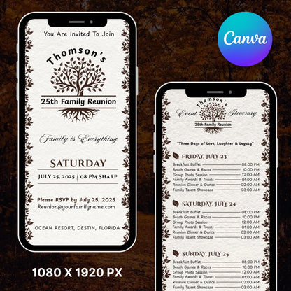 Digital Family Reunion Itinerary, Family Tree Trip, High School Class Reunion, Family Schedule, Editable Itinerary Template, Canva Template