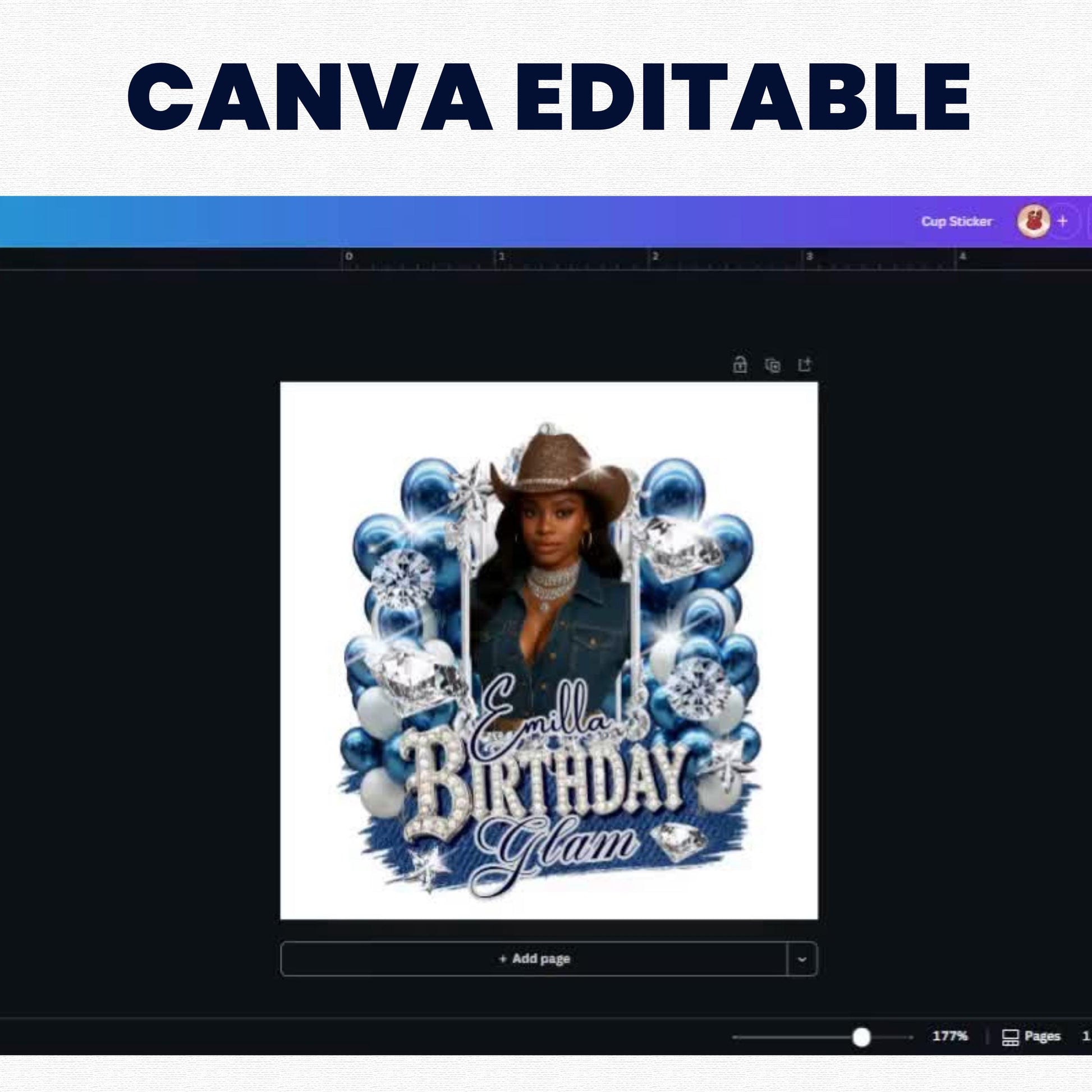 Denim & Diamonds Party Cup Birthday Canva Template, Styrofoam Cup Design, Shot Glass Label, Party Shirt Design Birthday Design,