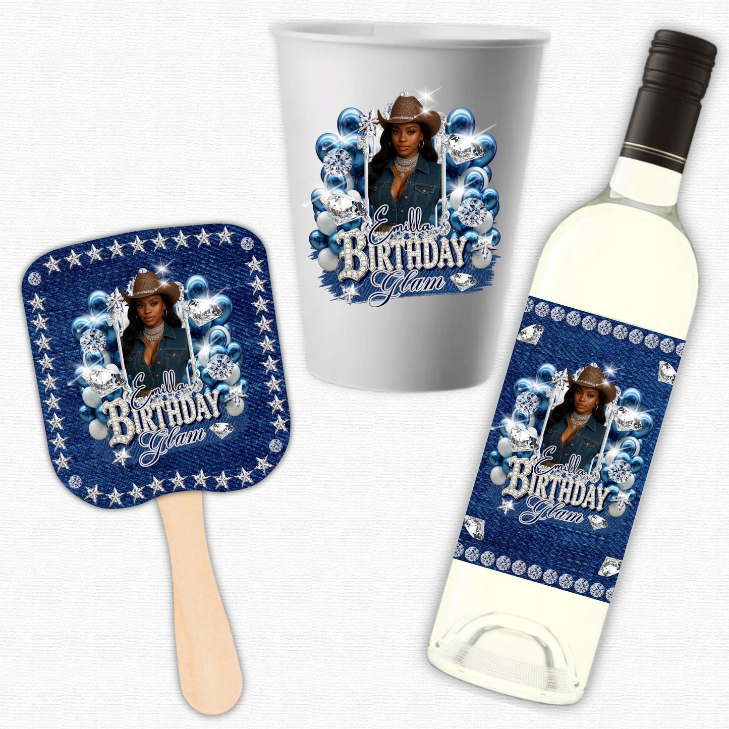 Denim & Diamonds Party Cup Birthday Canva Template, Styrofoam Cup Design, Shot Glass Label, Party Shirt Design Birthday Design,