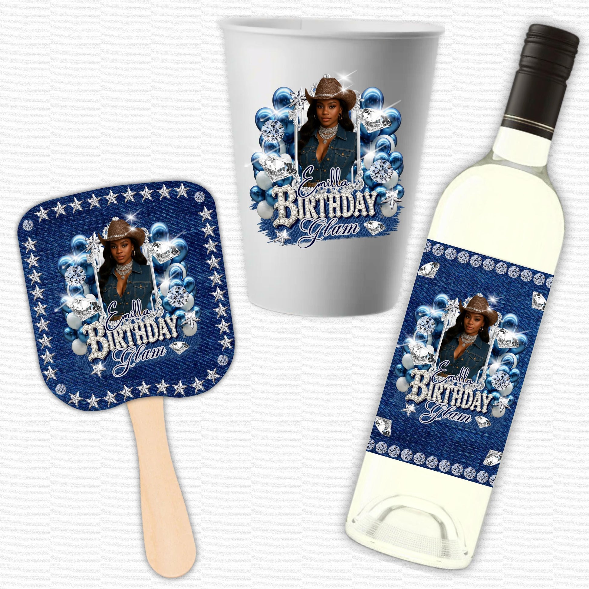 Denim & Diamonds Party Cup Birthday Canva Template, Styrofoam Cup Design, Shot Glass Label, Party Shirt Design Birthday Design,