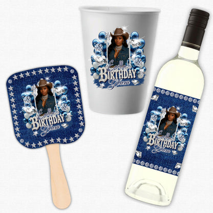 Denim & Diamonds Party Cup Birthday Canva Template, Styrofoam Cup Design, Shot Glass Label, Party Shirt Design Birthday Design,