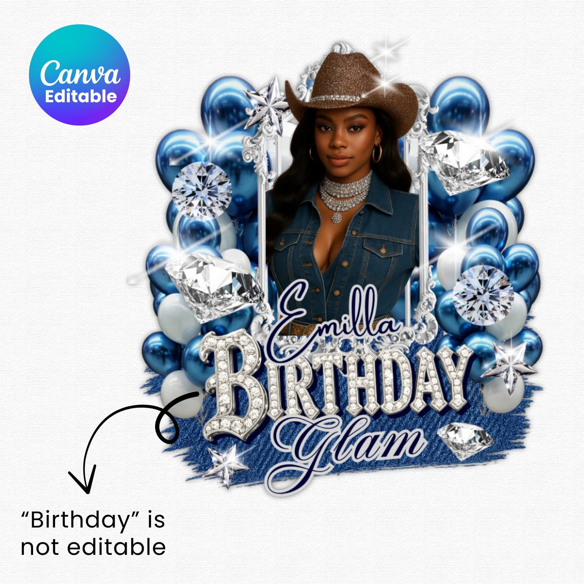 Denim & Diamonds Party Cup Birthday Canva Template, Styrofoam Cup Design, Shot Glass Label, Party Shirt Design Birthday Design,