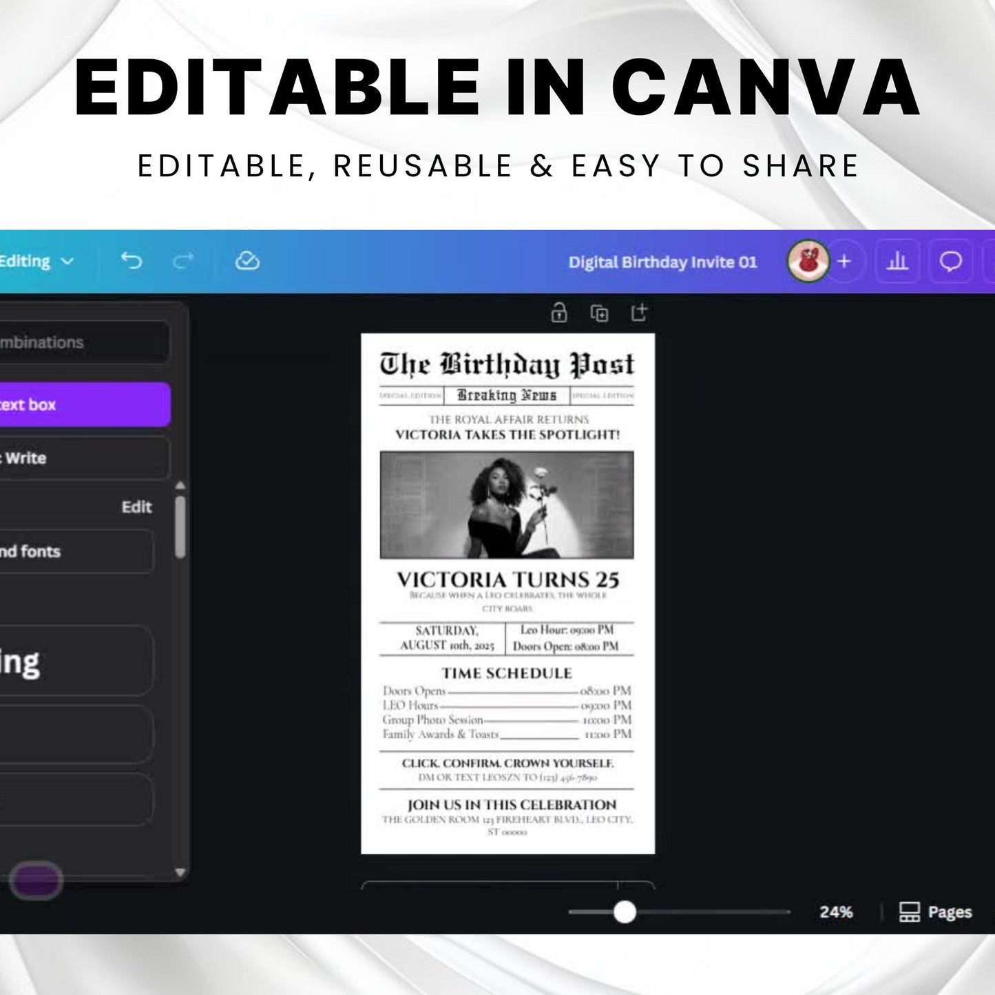 Leo Birthday Newspaper Invitation,Digital leo Birthday Newspaper Invitation,Leo Newpaper Invite,Editable BdayNewspaper Announcement template