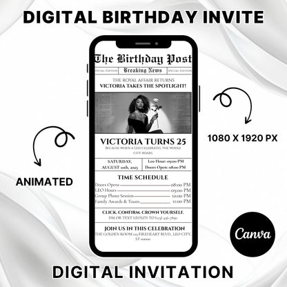 Leo Birthday Newspaper Invitation,Digital leo Birthday Newspaper Invitation,Leo Newpaper Invite,Editable BdayNewspaper Announcement template