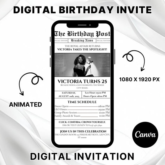 Leo Birthday Newspaper Invitation,Digital leo Birthday Newspaper Invitation,Leo Newpaper Invite,Editable BdayNewspaper Announcement template