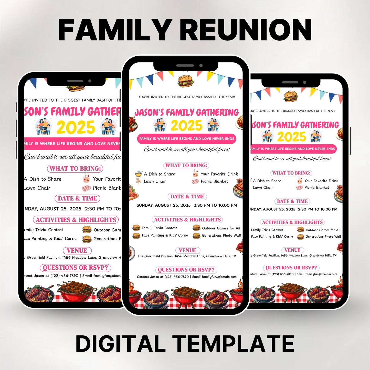 Editable Family Reunion Flyer Template, Family Reunion BBQ Flyer, reunion Invitation get together Bbq Party Invite, Canva template