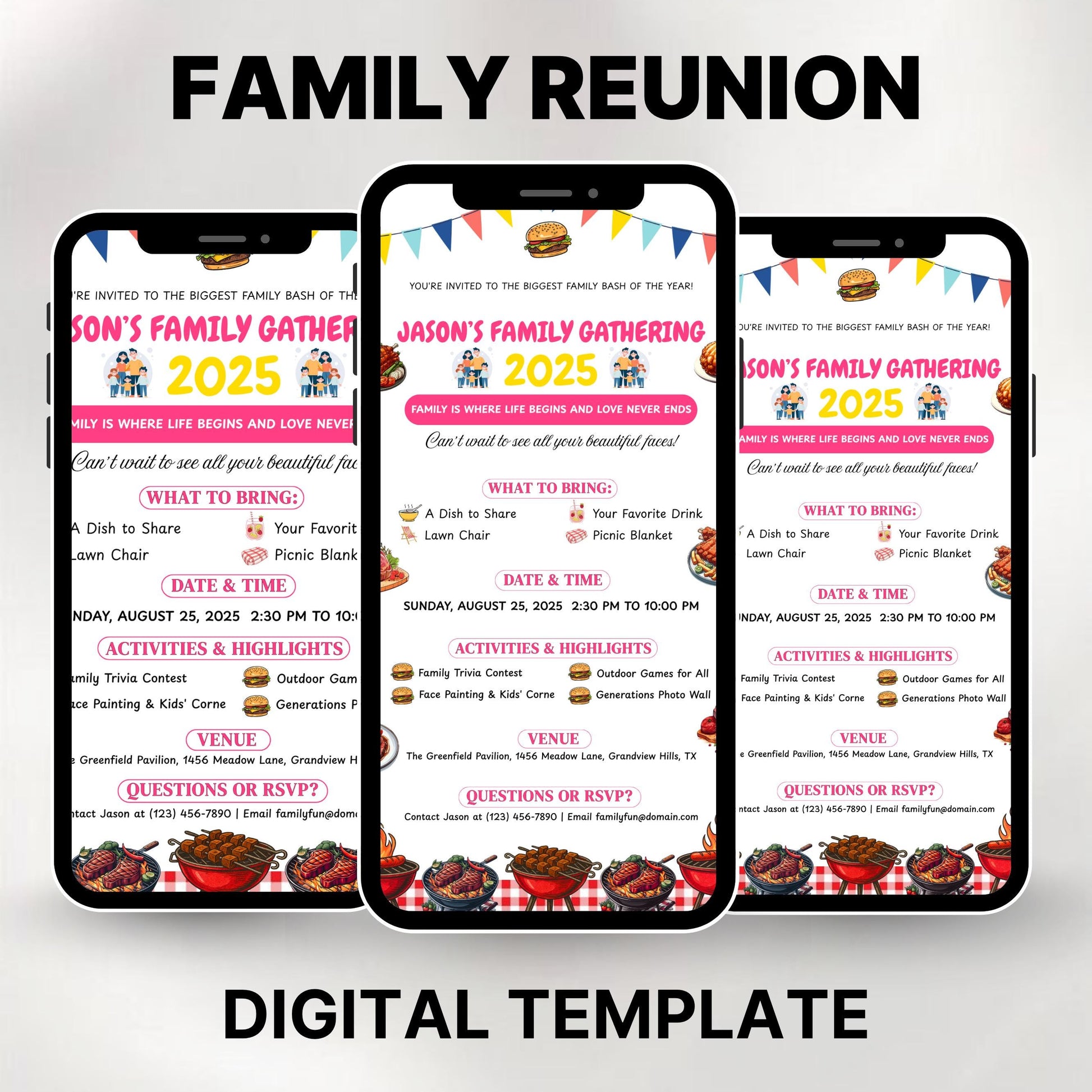 Editable Family Reunion Flyer Template, Family Reunion BBQ Flyer, reunion Invitation get together Bbq Party Invite, Canva template