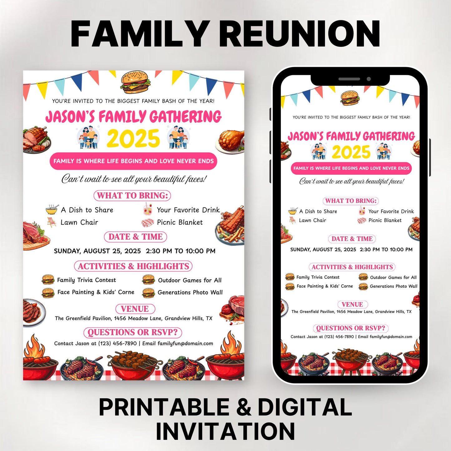 Editable Family Reunion Flyer Template, Family Reunion BBQ Flyer, reunion Invitation get together Bbq Party Invite, Canva template