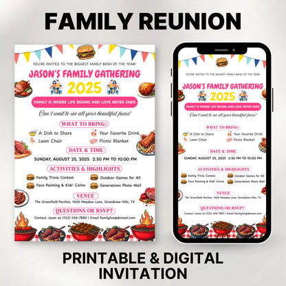 Editable Family Reunion Flyer Template, Family Reunion BBQ Flyer, reunion Invitation get together Bbq Party Invite, Canva template
