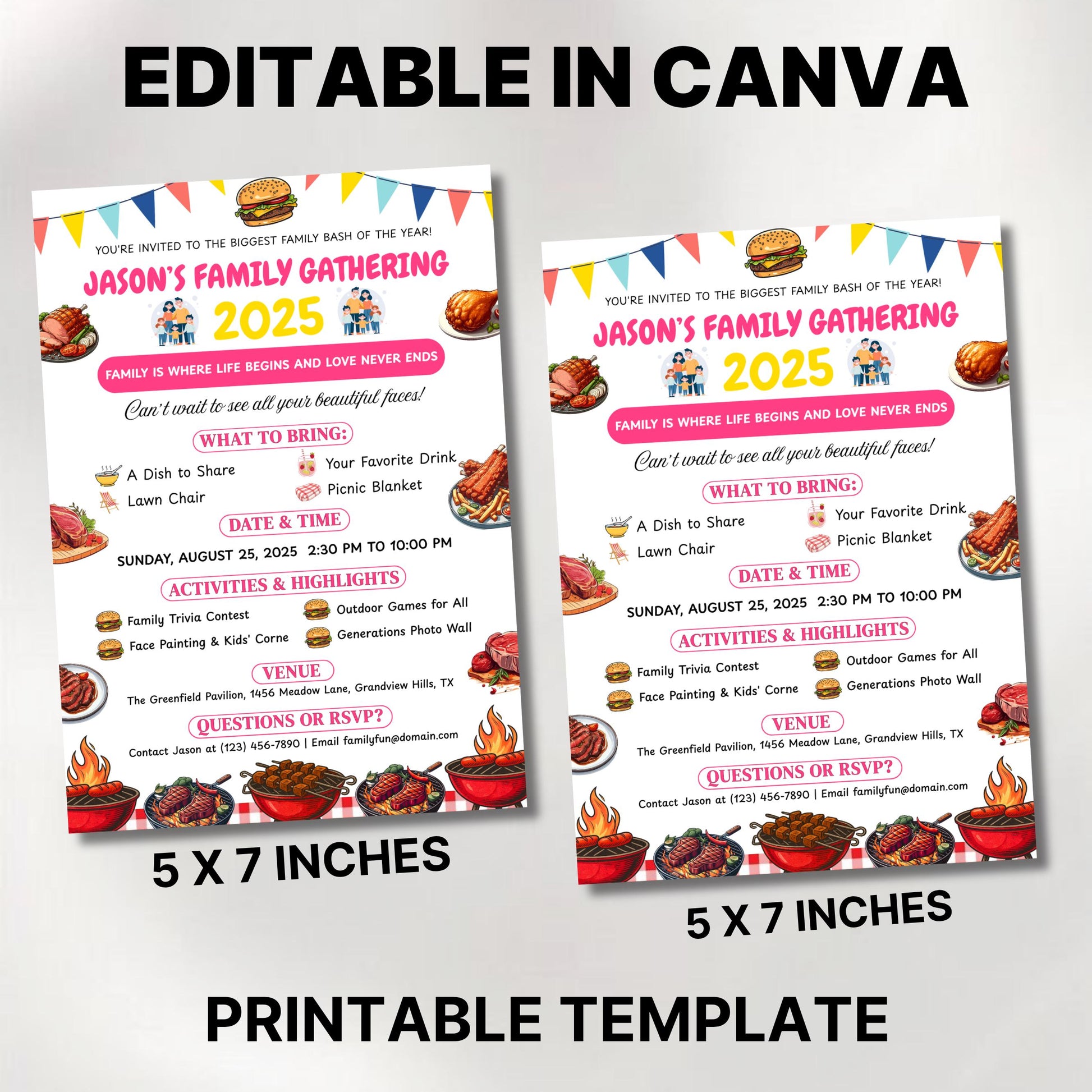 Editable Family Reunion Flyer Template, Family Reunion BBQ Flyer, reunion Invitation get together Bbq Party Invite, Canva template
