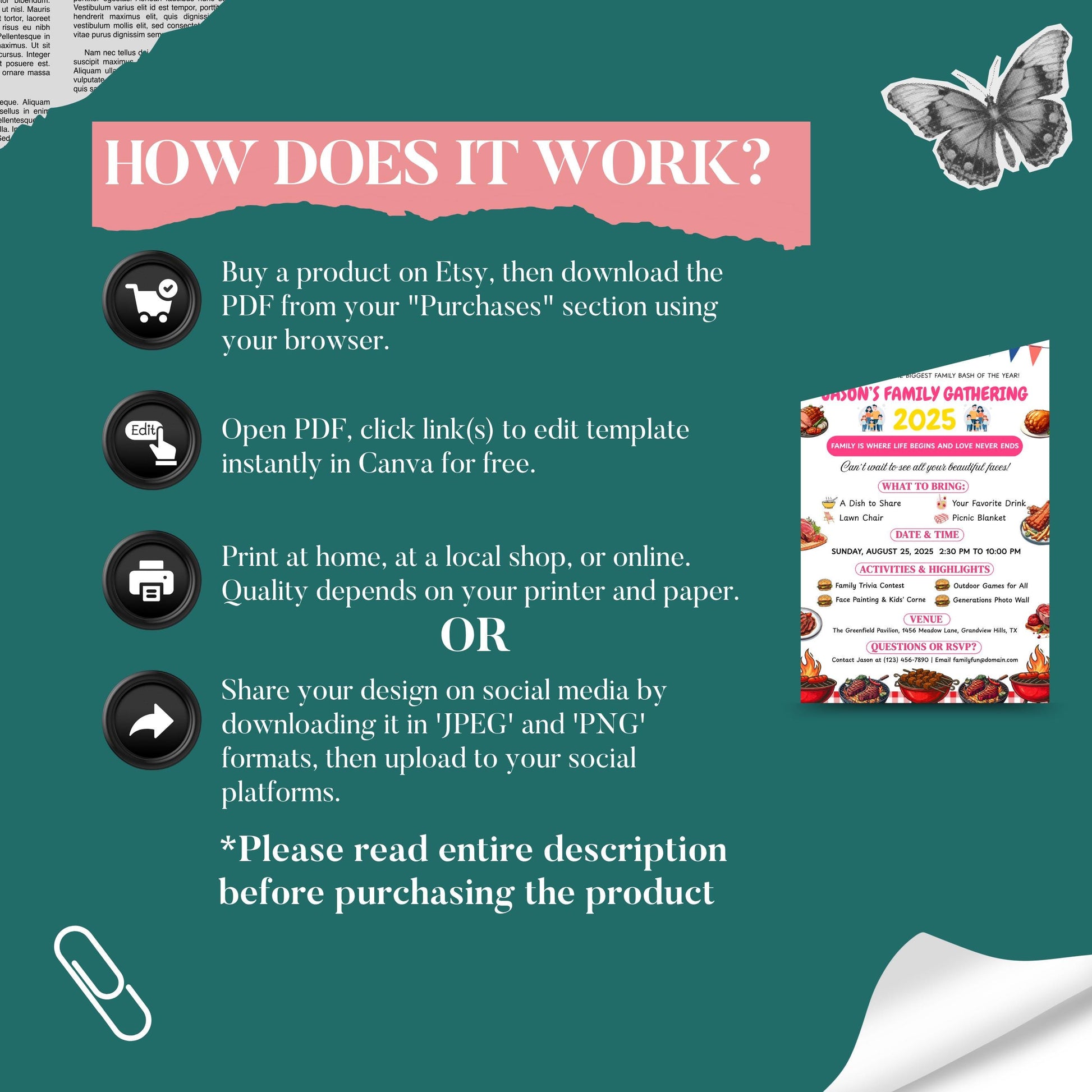 Editable Family Reunion Flyer Template, Family Reunion BBQ Flyer, reunion Invitation get together Bbq Party Invite, Canva template