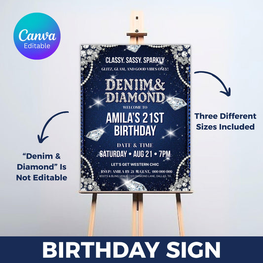 Denim and Diamonds Birthday Sign, Denim & Diamonds Welcome Board, Printable Birthday Welcome Sign, Editable Canva Template, Instant Download