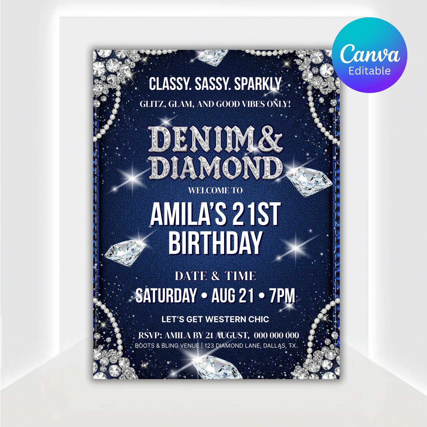 Denim and Diamonds Birthday Sign, Denim & Diamonds Welcome Board, Printable Birthday Welcome Sign, Editable Canva Template, Instant Download
