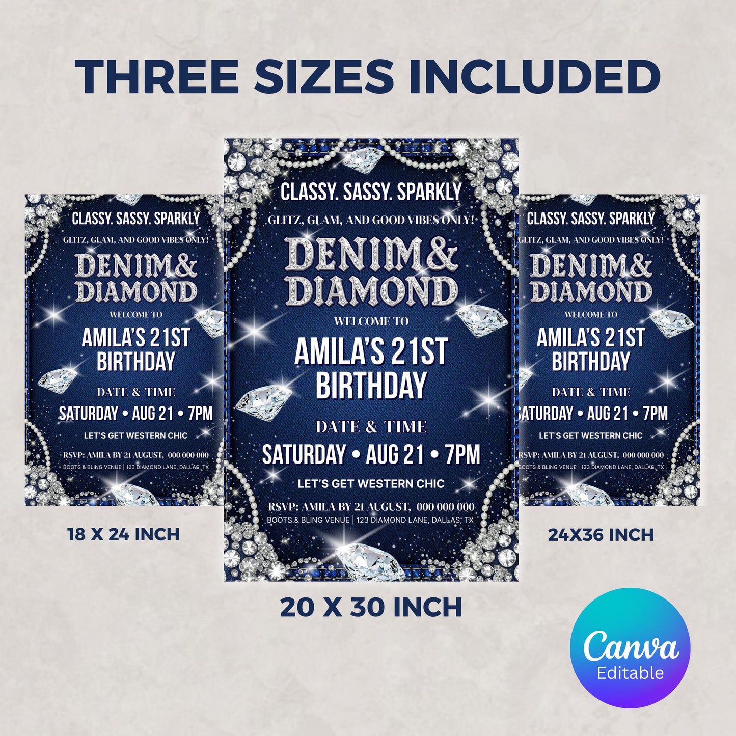 Denim and Diamonds Birthday Sign, Denim & Diamonds Welcome Board, Printable Birthday Welcome Sign, Editable Canva Template, Instant Download