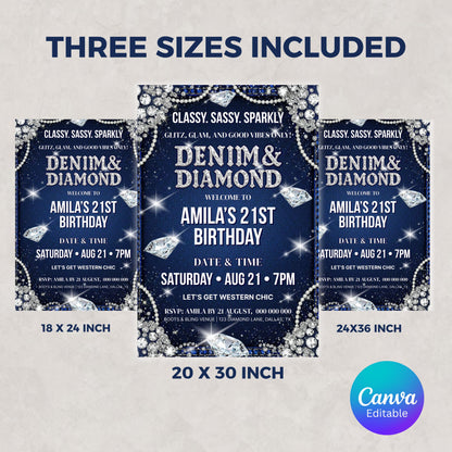 Denim and Diamonds Birthday Sign, Denim & Diamonds Welcome Board, Printable Birthday Welcome Sign, Editable Canva Template, Instant Download