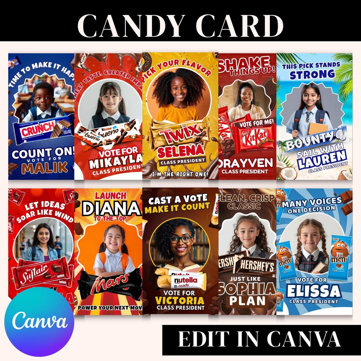 10 Homecoming Candy Card, homecoming campaign Candy Tags, student council, Homecoming Candy Card Tags, canva template, digital download