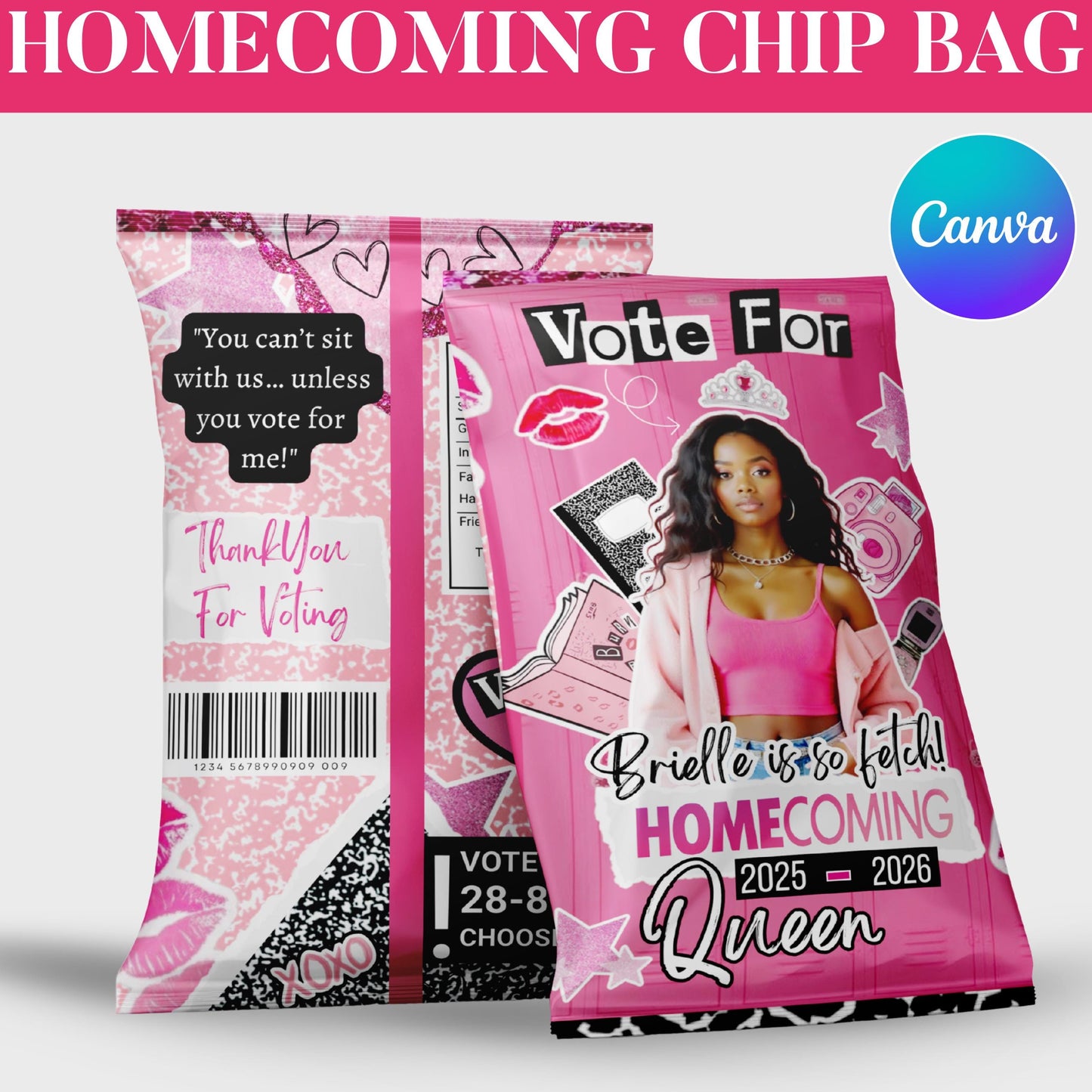 Homecoming Chip Bag Template, Homecoming Campaign, Vote For Mean Queen, Chip Bag Template, Hoco Mean Chip Bag, Canva Editable Template