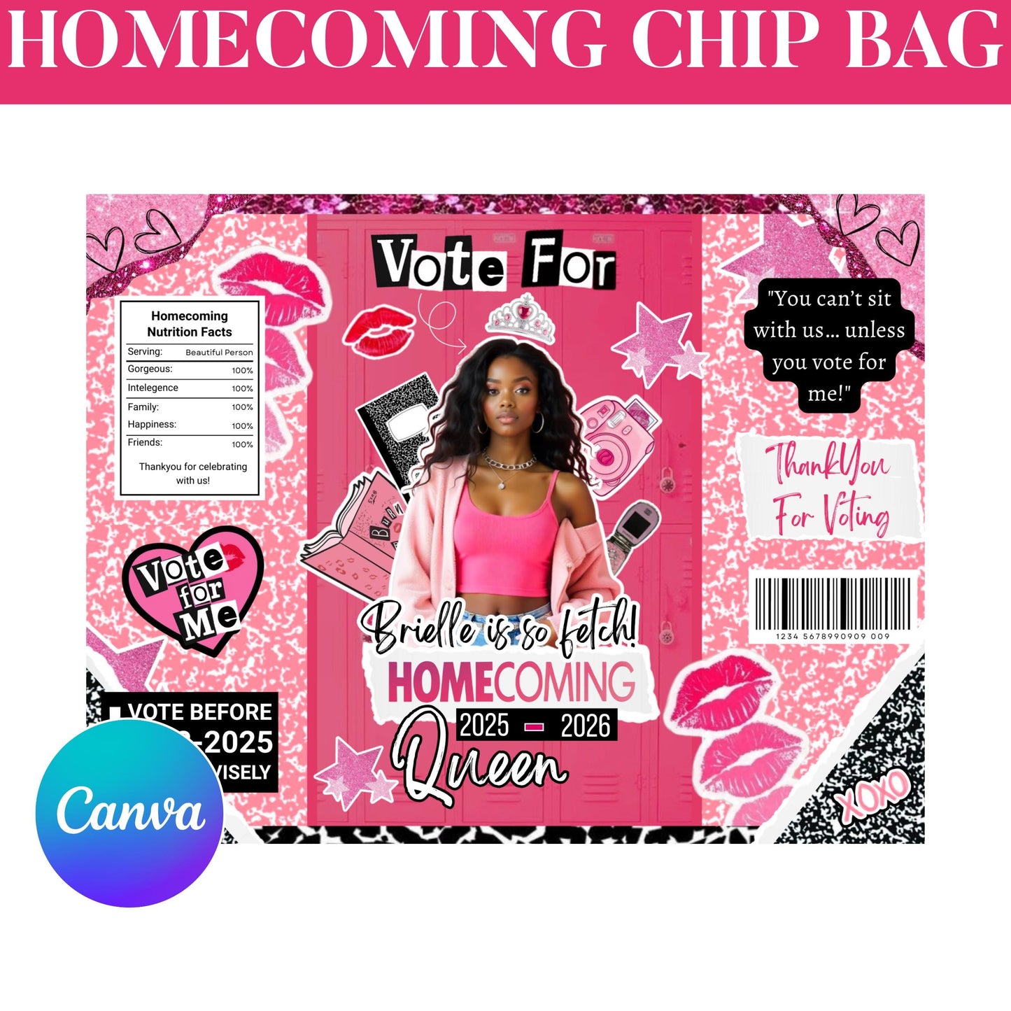 Homecoming Chip Bag Template, Homecoming Campaign, Vote For Mean Queen, Chip Bag Template, Hoco Mean Chip Bag, Canva Editable Template