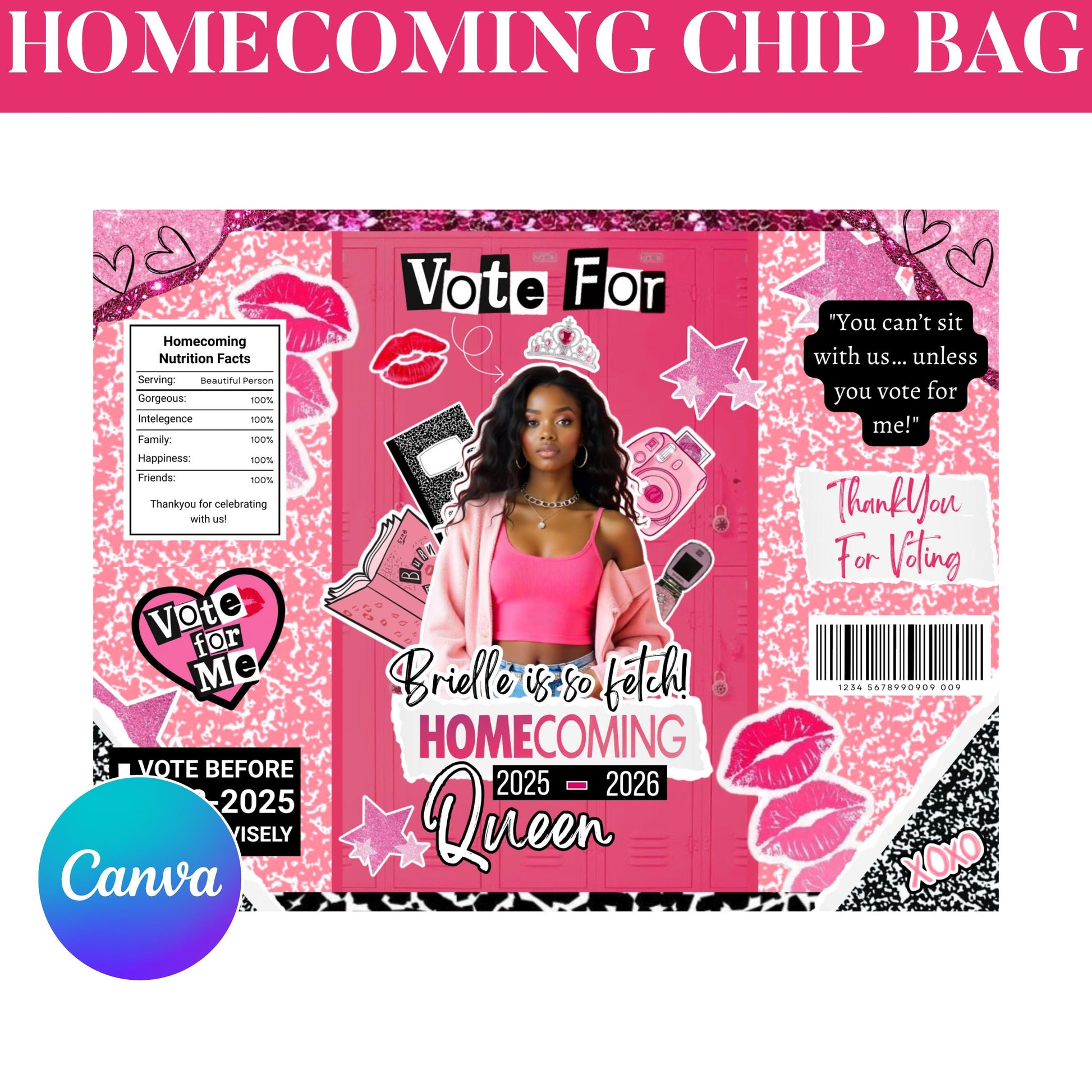 Homecoming Chip Bag Template, Homecoming Campaign, Vote For Mean Queen, Chip Bag Template, Hoco Mean Chip Bag, Canva Editable Template