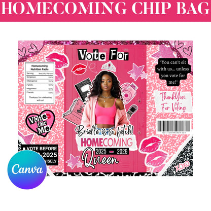 Homecoming Chip Bag Template, Homecoming Campaign, Vote For Mean Queen, Chip Bag Template, Hoco Mean Chip Bag, Canva Editable Template