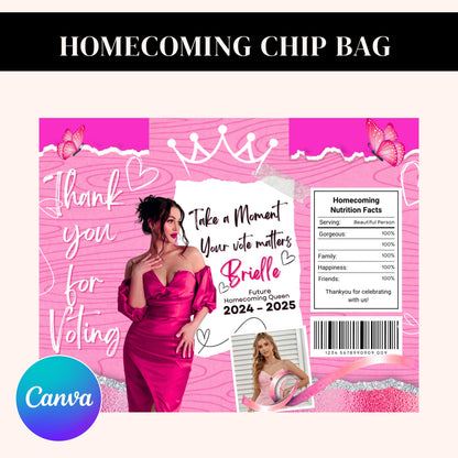 Homecoming Chip Bag Template, Homecoming Campaign, Vote For Queen, Chip Bag Template, Hoco Chip Bag, Canva Template Instant Download