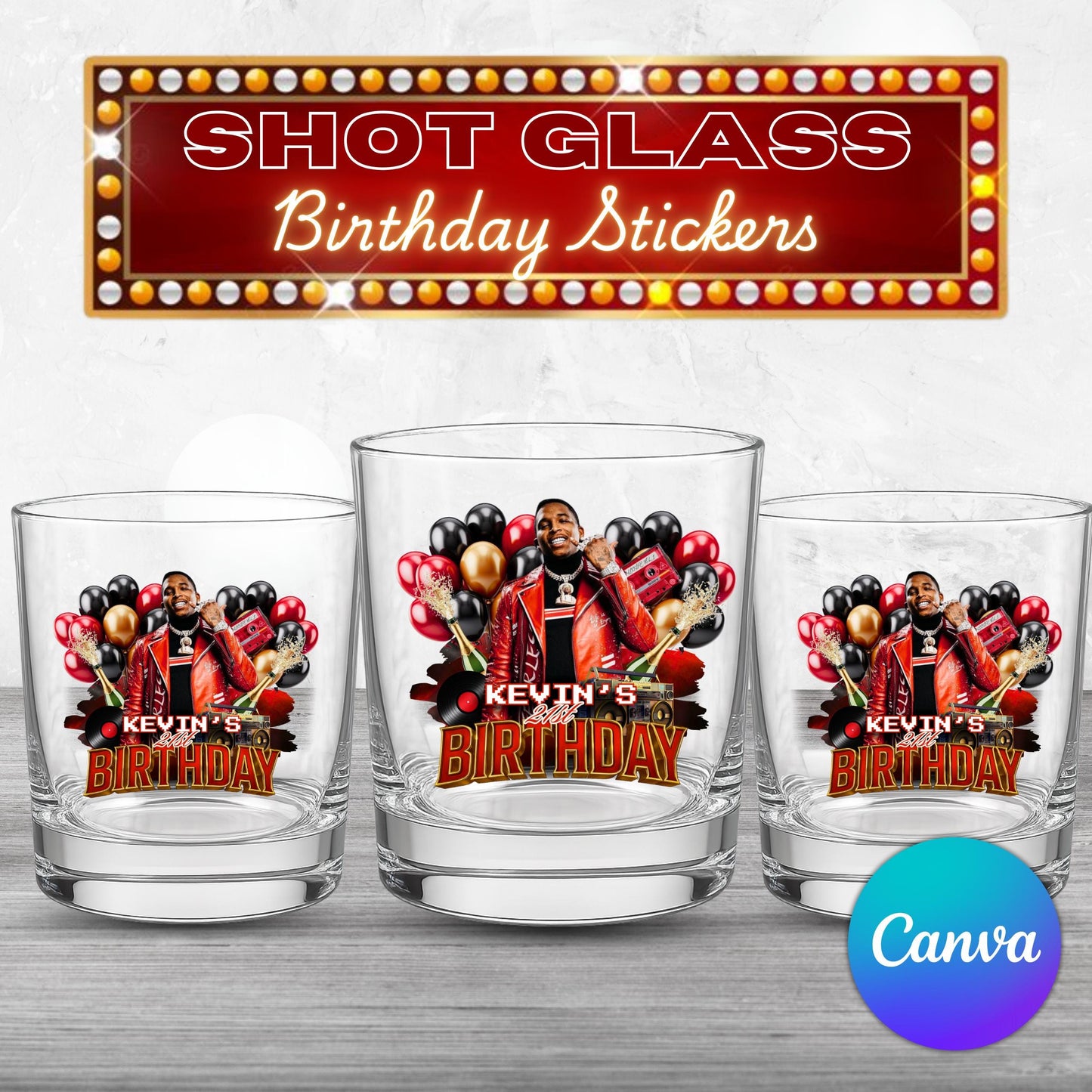 Shot Glass Sticker Template, Red Black Balloon Birthday Sticker, Party Shot Glass Template Customizable shot glass Design,