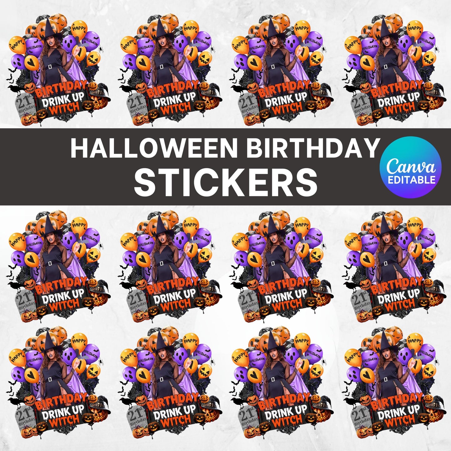 Birthday Design Template, Halloween Birthday Sticker Design Template, Styrofoam Cup stickers, T-Shirt Designs,Editable Birthday Sticker
