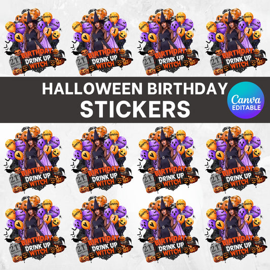 Birthday Design Template, Halloween Birthday Sticker Design Template, Styrofoam Cup stickers, T-Shirt Designs,Editable Birthday Sticker