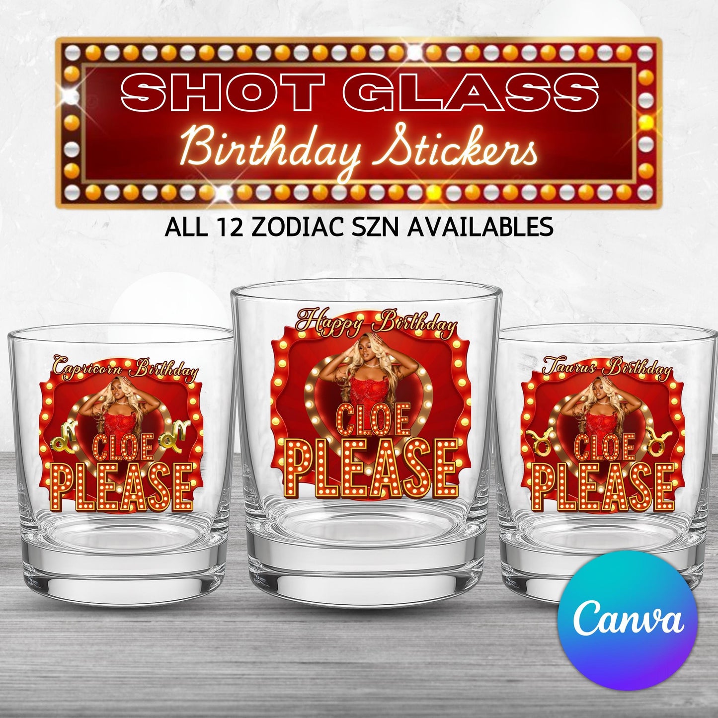 Your Name please all Zodiac Birthday Shot Glass Sticker Template,Editable Party Shot Glass,Customizable shot glass Design,Shot Glass Sticker