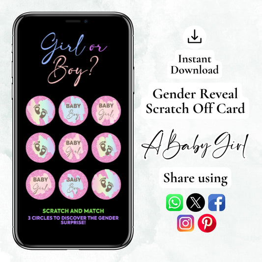 GIRL GENDER REVEAL SCRATCH OFF CARD, “GENDER ANNOUNCEMENT”