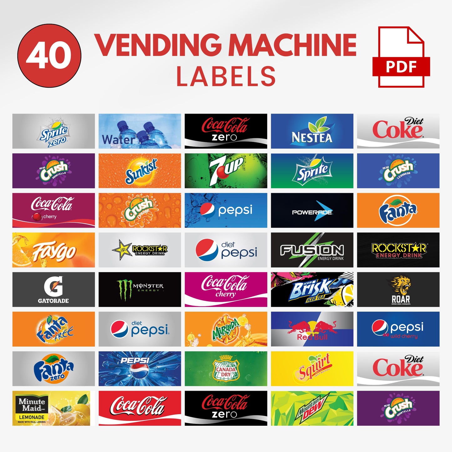 40 Vending Machine Label, High Quality Labels, Sparkling Water and Soda Pop Labels, Soft Drinks Vending Machine Labels, Drinks Machine Label
