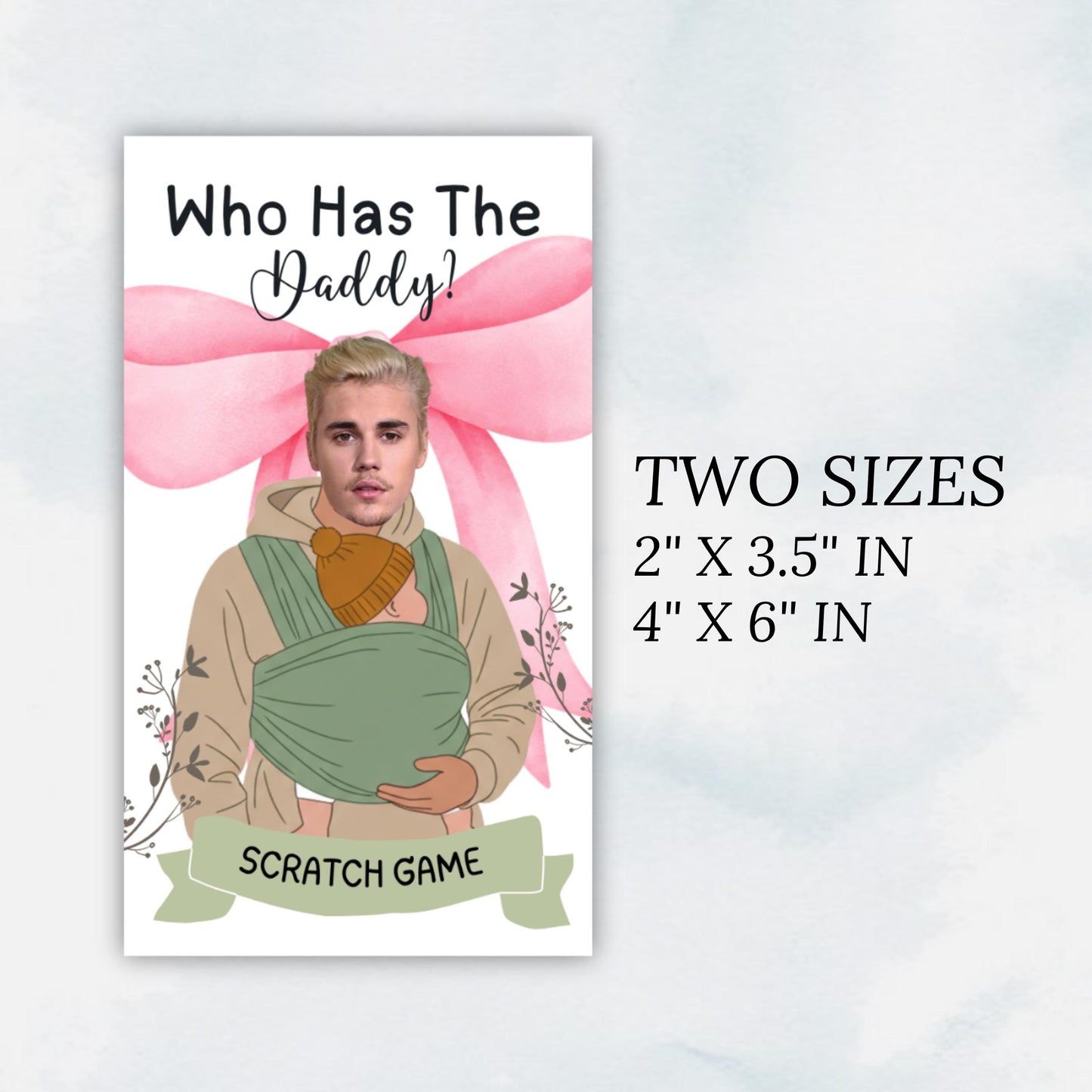 Pink Bow Who Has The Baby Daddy, Printable Baby Shower Game, Find Daddy Scratch Game, Editable Celebrity Scratch Off Cards, Canva Template