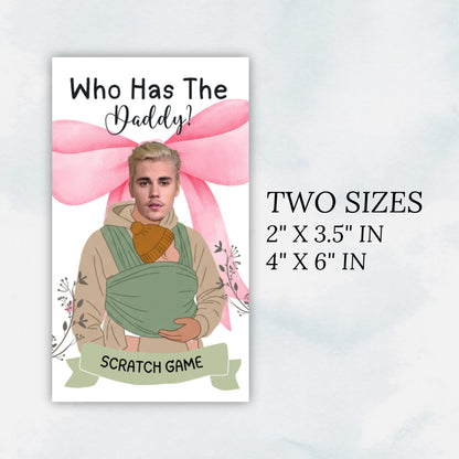 Pink Bow Who Has The Baby Daddy, Printable Baby Shower Game, Find Daddy Scratch Game, Editable Celebrity Scratch Off Cards, Canva Template