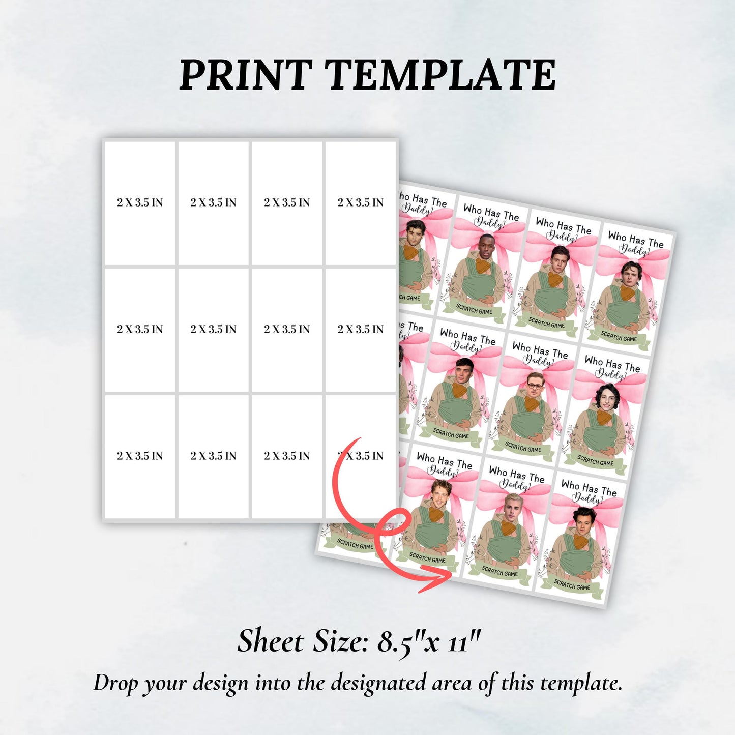 Pink Bow Who Has The Baby Daddy, Printable Baby Shower Game, Find Daddy Scratch Game, Editable Celebrity Scratch Off Cards, Canva Template