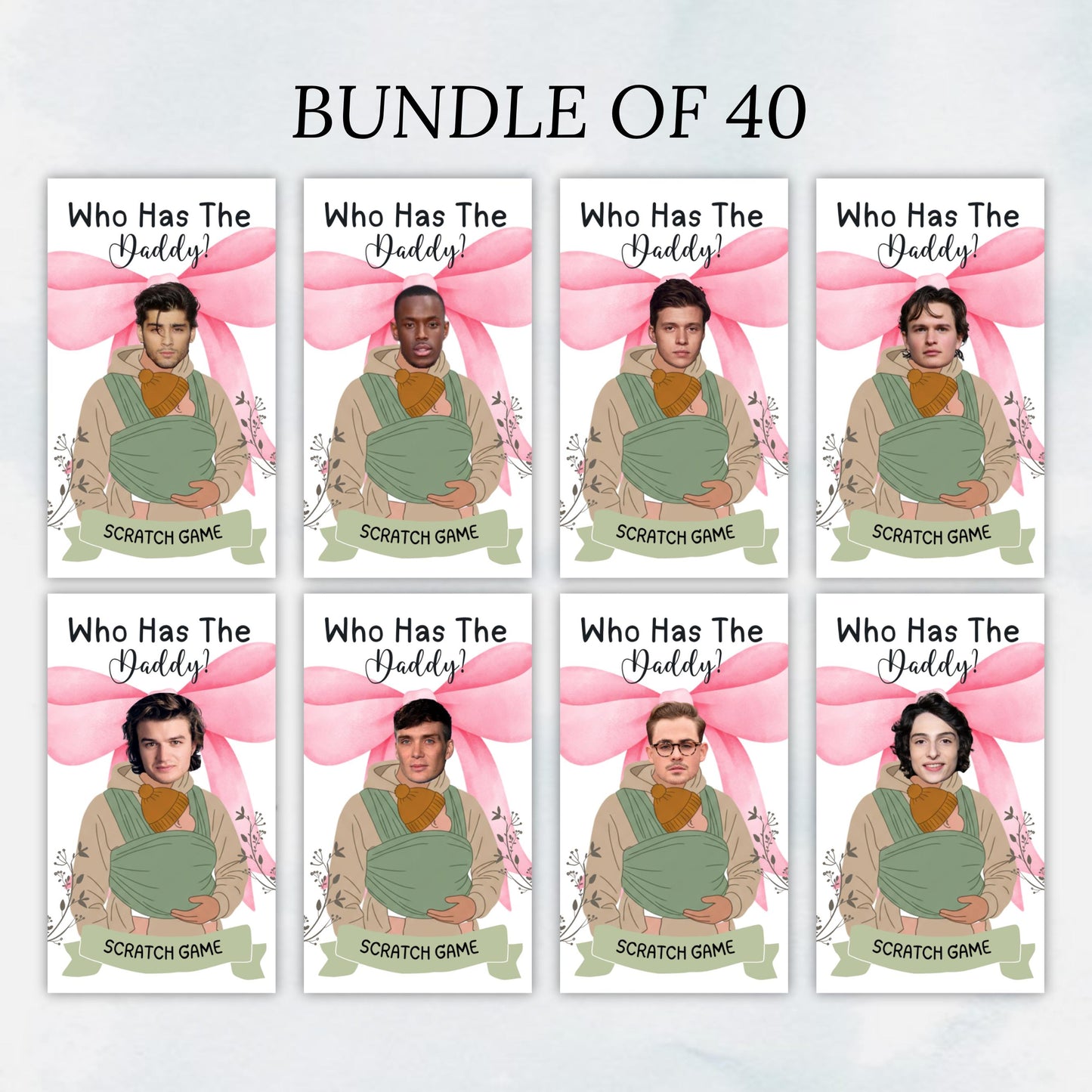 Pink Bow Who Has The Baby Daddy, Printable Baby Shower Game, Find Daddy Scratch Game, Editable Celebrity Scratch Off Cards, Canva Template