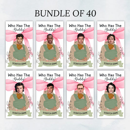 Pink Bow Who Has The Baby Daddy, Printable Baby Shower Game, Find Daddy Scratch Game, Editable Celebrity Scratch Off Cards, Canva Template