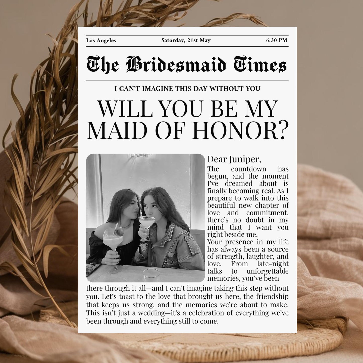 "BRIDESMAID PROPOSAL NEWSPAPER CARD, WILL YOU BE MY BRIDESMAID, BRIDAL PARTY DETAILS"