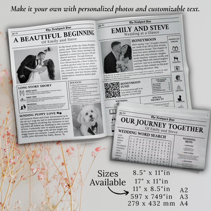 Folded Printable Wedding Newspaper Program Canva Template Wedding Newspaper Template with Photo Wedding Infographic Newlywed Time Newspaper