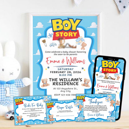 Boy Story Baby Shower Invitation, Its A Boy, Baby Shower Invite, Books For Baby Card, Editable Thank You Card, Printable Diaper Raffle Card