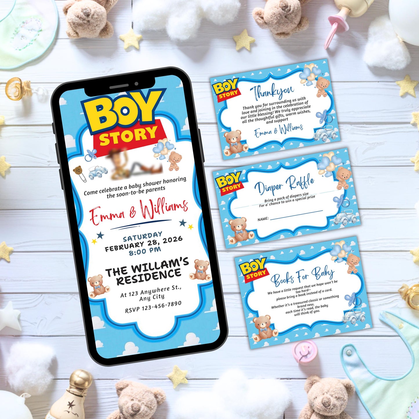 Boy Story Baby Shower Invitation, Its A Boy, Baby Shower Invite, Books For Baby Card, Editable Thank You Card, Printable Diaper Raffle Card