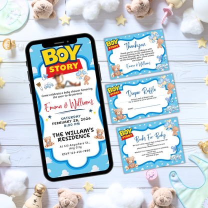 Boy Story Baby Shower Invitation, Its A Boy, Baby Shower Invite, Books For Baby Card, Editable Thank You Card, Printable Diaper Raffle Card